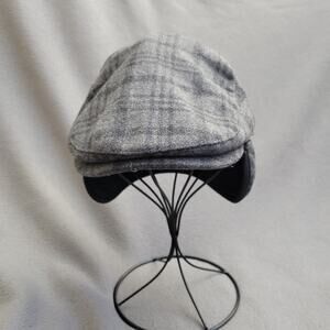 STETSON Hat Cap Mens Small Medium Newsboy Gray Plaid Ear Flaps Wool Blend USA